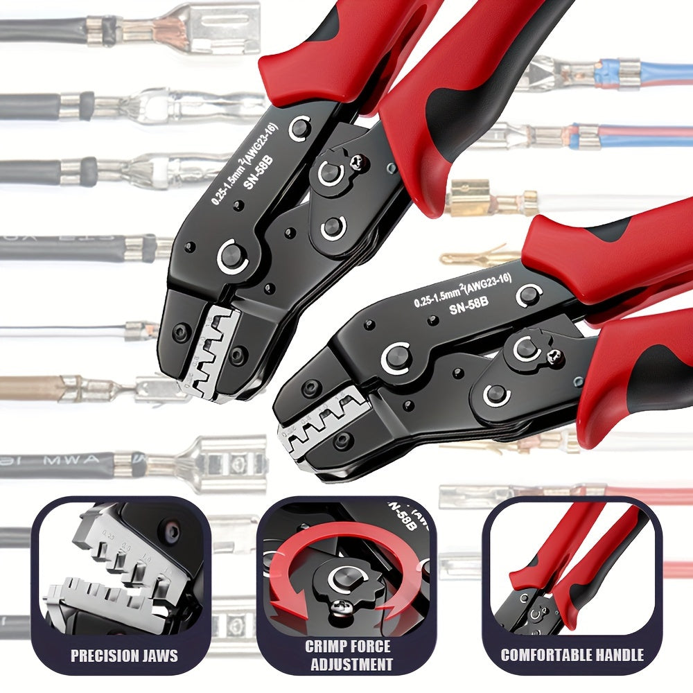 Professional manual crimper tool for JST, Dupont terminals, SATA pin crimping, with carbon steel handle and AWG 23-16/0.25-1.5mm² capacity.