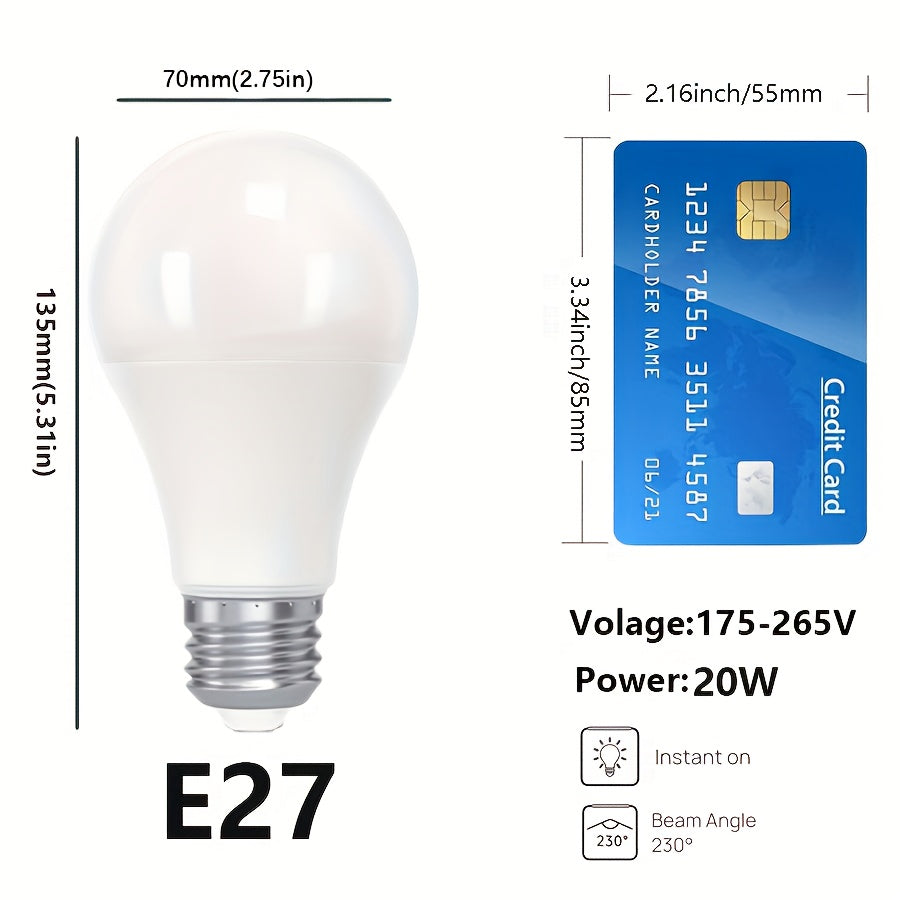 Four 20W LED bulbs, equivalent to 160W with E27 base and 2000LM brightness. Available in cold white (6500K) and warm white (3000K), energy-saving and non-dimmable.