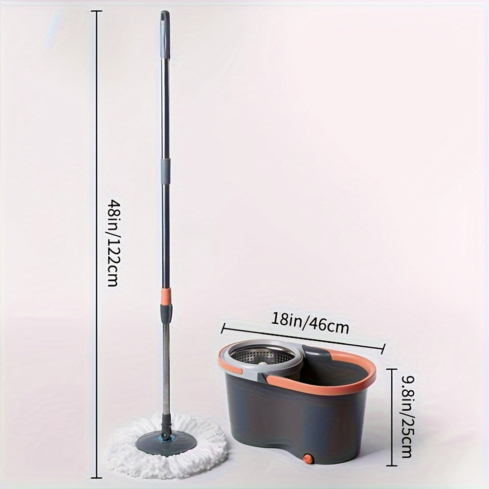 The Spin Mop and Bucket Set includes 3 replacement heads and features stainless steel construction. It can be used for both wet and dry cleaning on hardwood, tile, and marble floors. The easy water separation system ensures efficient cleaning.