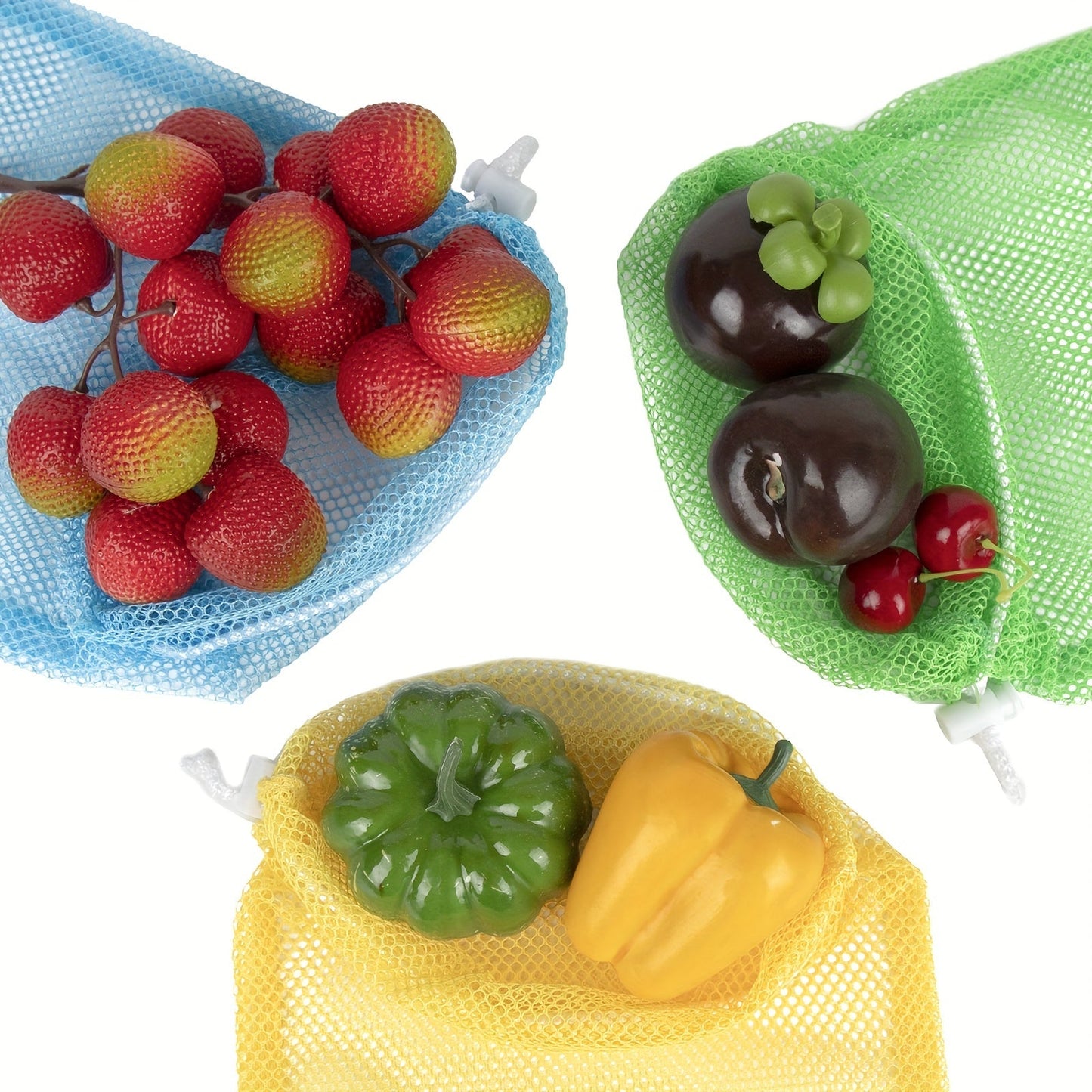 Mesh produce bags that are reusable and ideal for keeping fruits and vegetables organized.