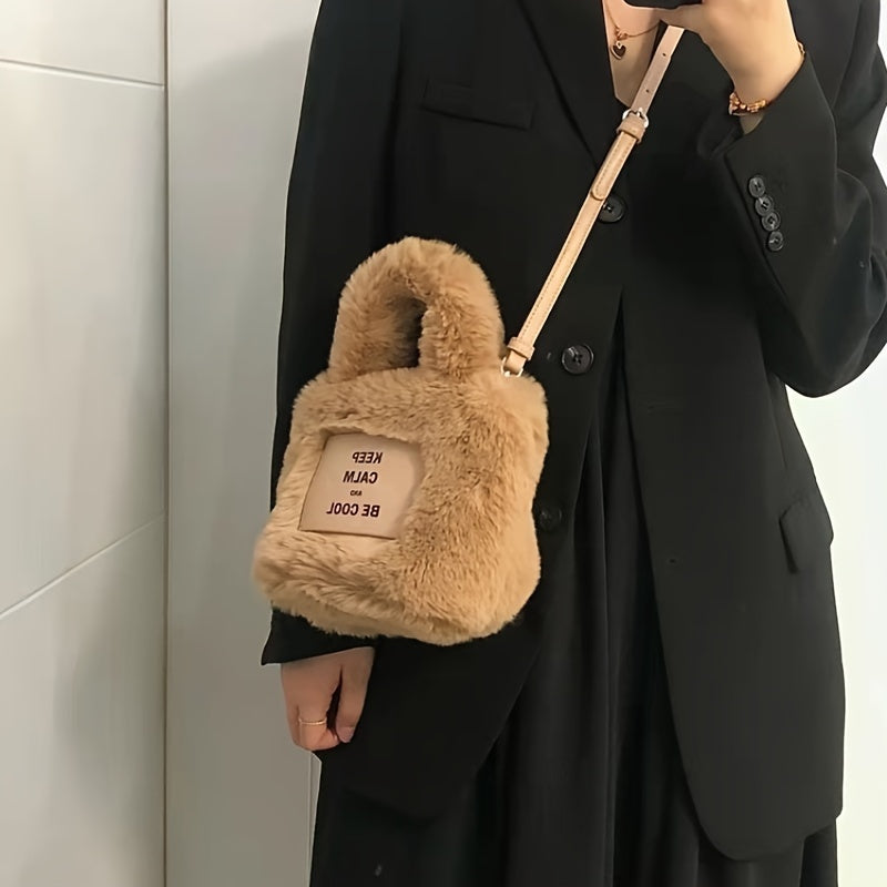 Stylish khaki bucket bag for women with faux fur, magnetic closure, spacious interior, fluffy texture, and secure shoulder strap.