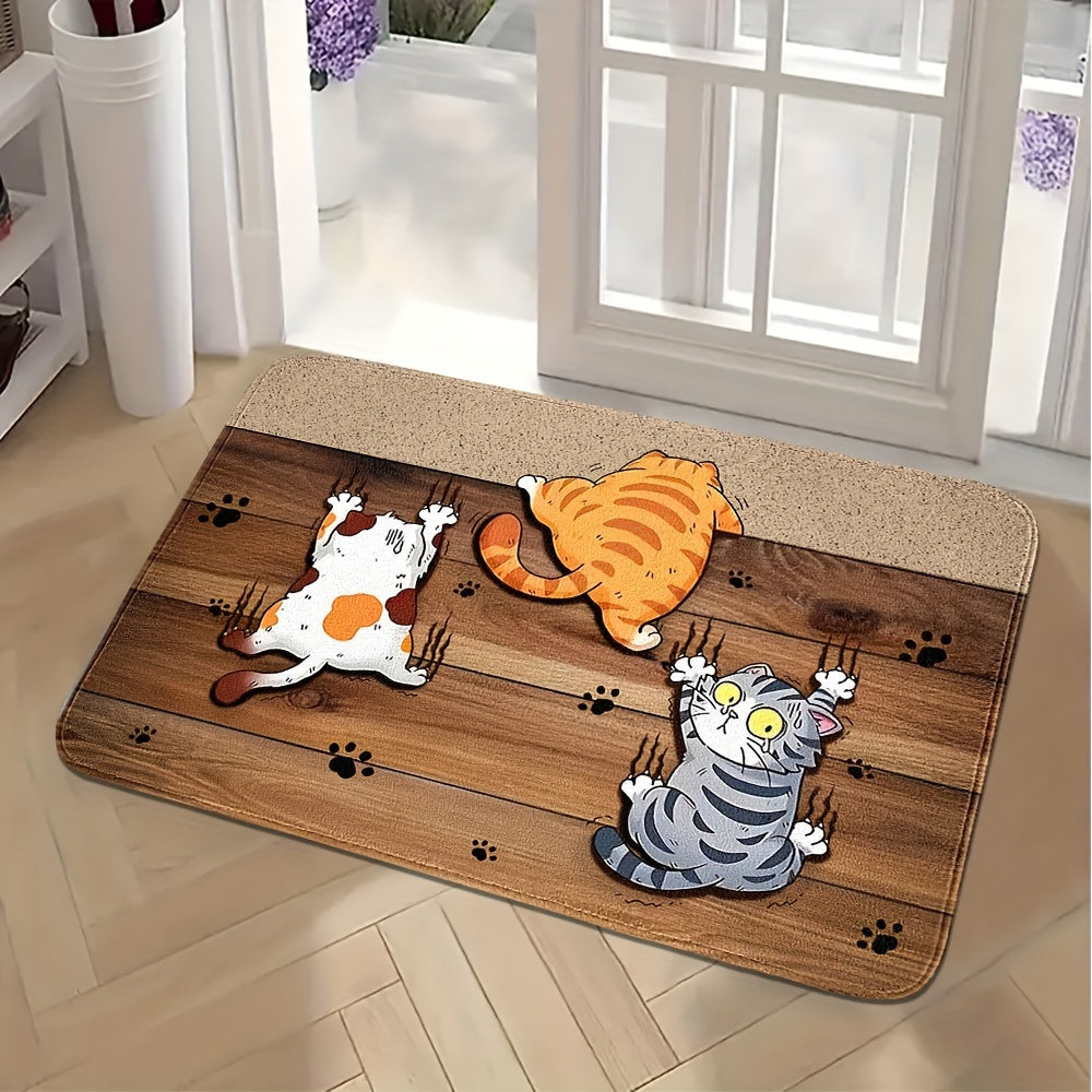 Add a fun touch to your home with this adorable Cartoon Kitten Escape Decorative Door Mat. Made of durable and stain-resistant knitted polyester, this lightweight mat is non-slip and machine washable. Perfect for the home entrance, bedroom, living room