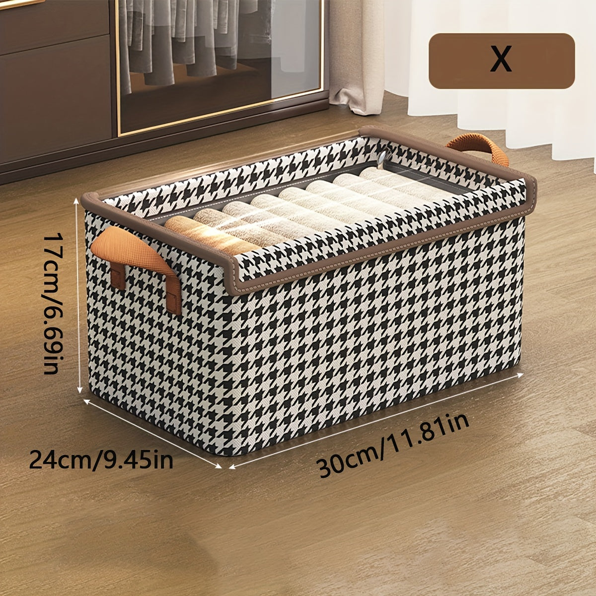 Boho Style Polyester Blend Storage Box with Flip Top Lid, Rectangle foldable wardrobe organizer for clothes and socks. This multipurpose non-waterproof closet organization basket features a stylish houndstooth pattern and foldable design. Perfect for