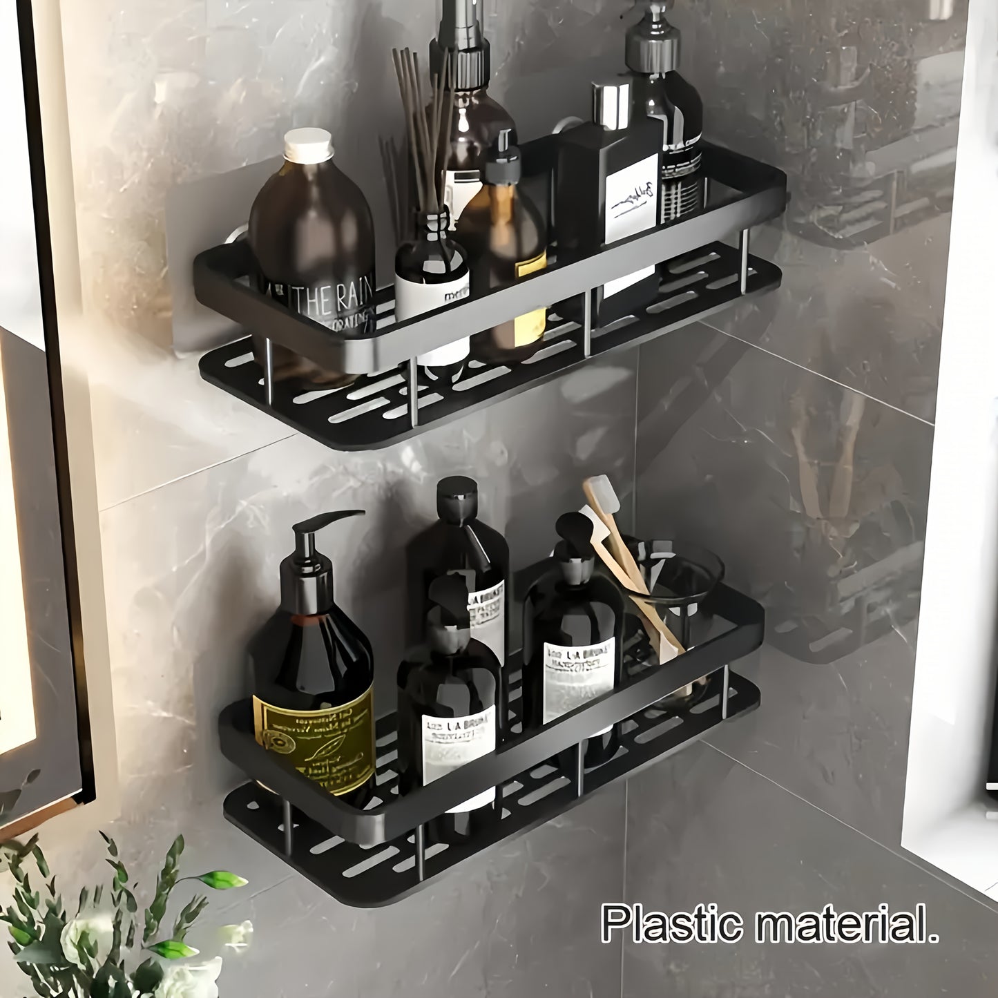 Durable wall-mounted caddy for bathroom and kitchen. Easy no-drill installation, space-saving. Holds toiletries and cosmetics. Oil rubbed finish, strong plastic material.