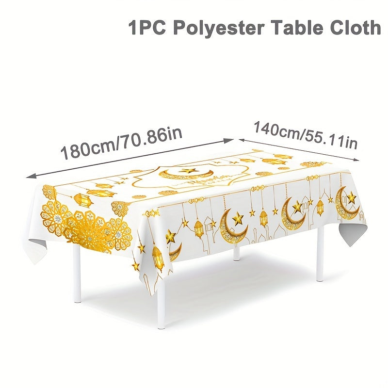 1pc Ramadan Kareem Tablecloth made of polyester, featuring Islamic moon and stars design, perfect for Eid Al-Fitr celebrations and home decor.