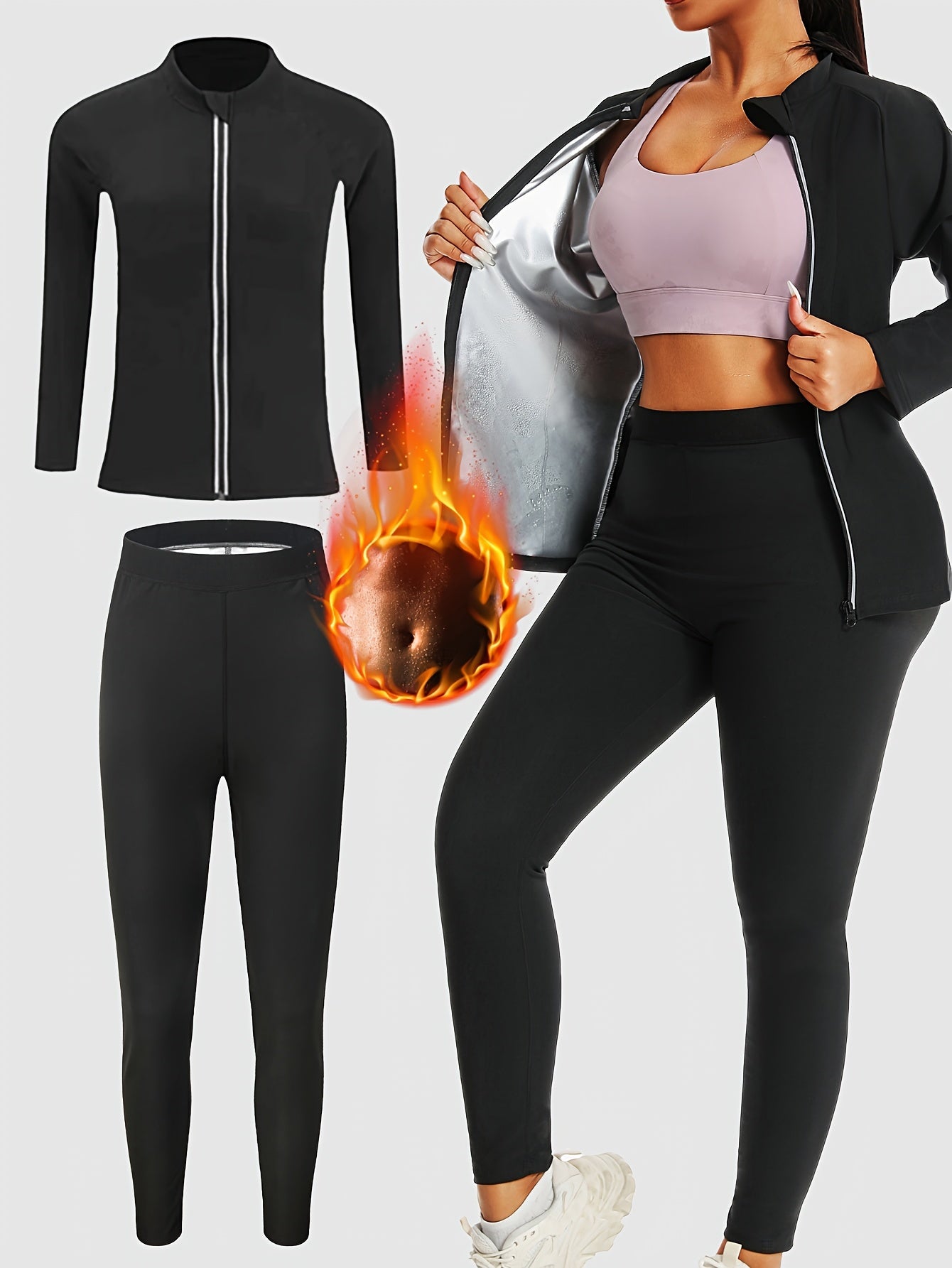 Women's sauna sweat suit set with long sleeve zip-up jacket and pants, high neck, stretchable fit, made of polyester spandex, machine washable. Ideal for enhanced sweating during yoga and