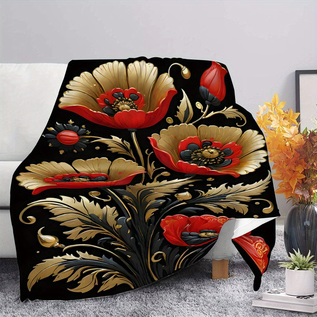 Soft and Comfortable Floral Printed Fleece Throw Blanket featuring a Golden and Red 3D Floral Design. Perfect for use in the Living Room, Bedroom, Sofa, or even on a Picnic. Made with Durable Polyester Fabric, this blanket is suitable for All-Season Use.