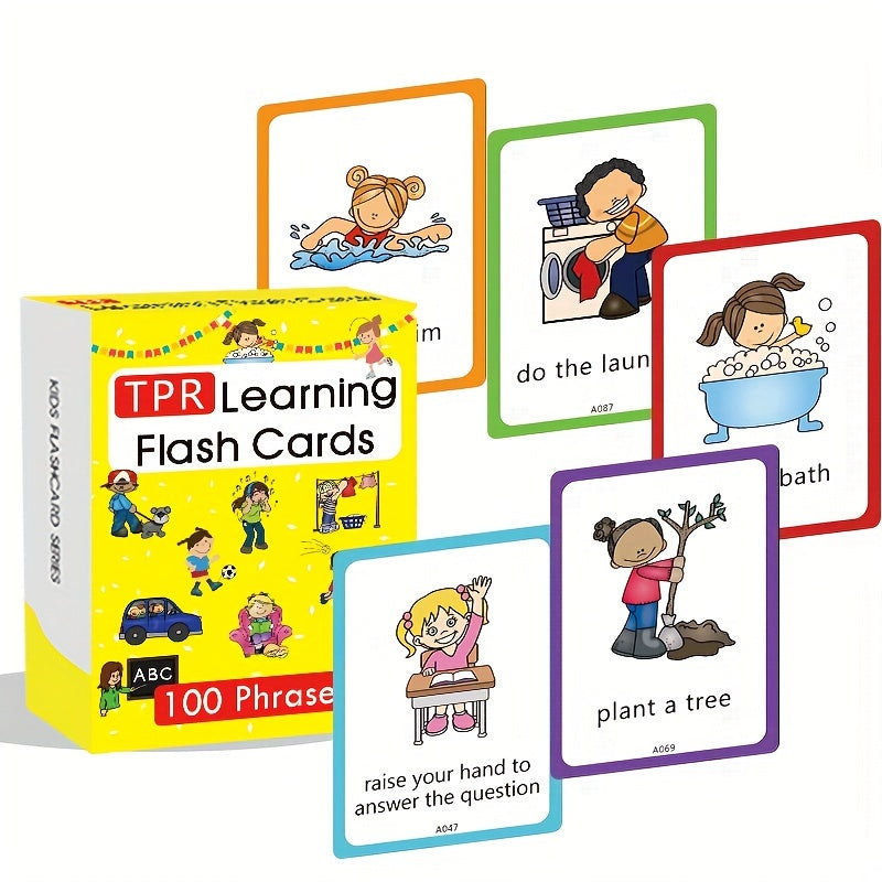 Total Physical Response flash cards for English language learning, includes 50 cards for ages 4-12.