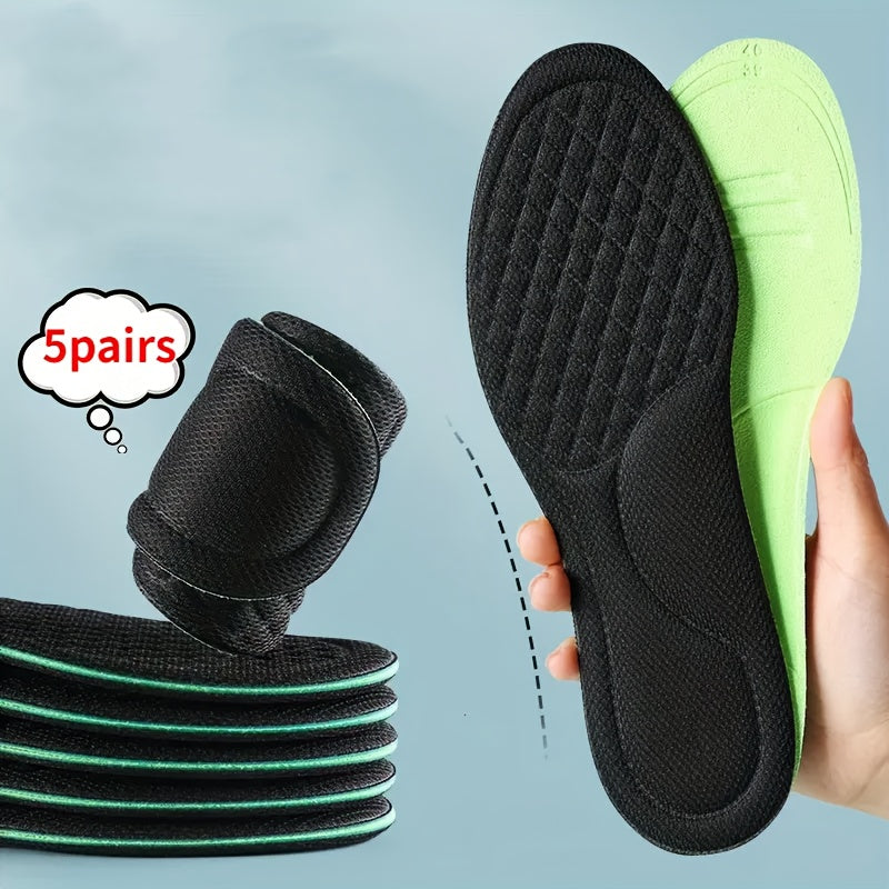 5 pairs of soft sports insoles for men and women, perfect for mountain climbing, travel, and outdoor activities.