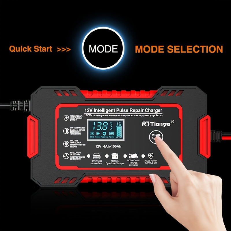 Car Battery Charger for 12V 2-100Ah batteries with desulfation and temperature compensation, designed to maintain car batteries.