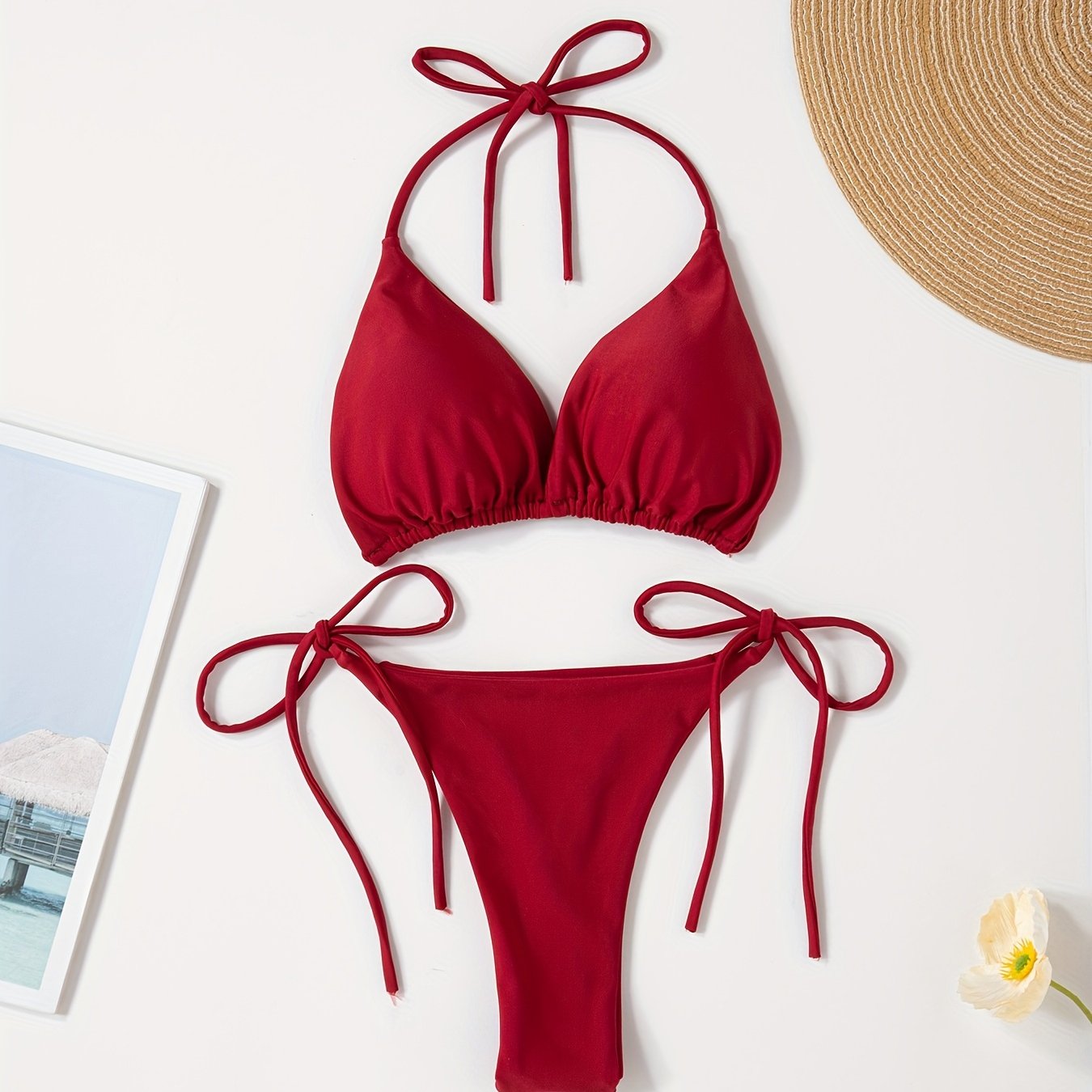 Women's two-piece bikini set with halter bra and V-string bottoms for swimwear.