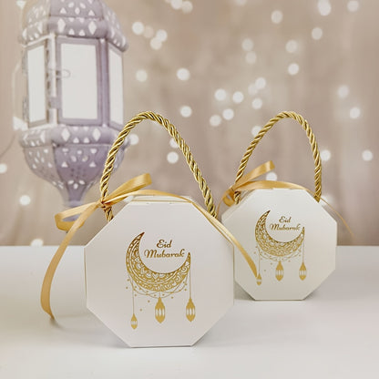 5 Eid Mubarak Candy Gift Boxes, Ramadan Kareem Paper Favor Boxes with Party Supplies for Muslim Holidays.