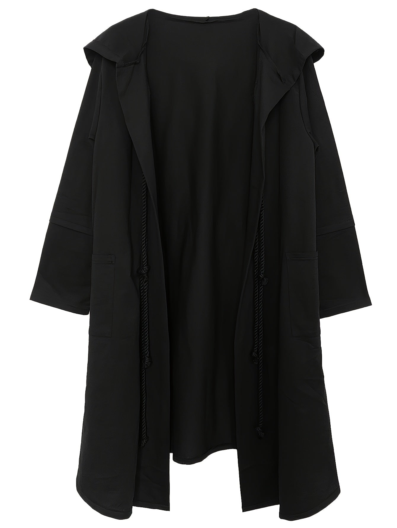 Men's black long shirt cape with hood and rope decoration, stylish streetwear with minimalist design, breathable and skin-friendly.