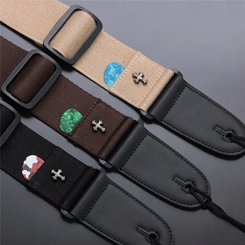 Vintage electric guitar strap with cross design and pick pocket, suitable for acoustic, folk, bass, and ukulele.