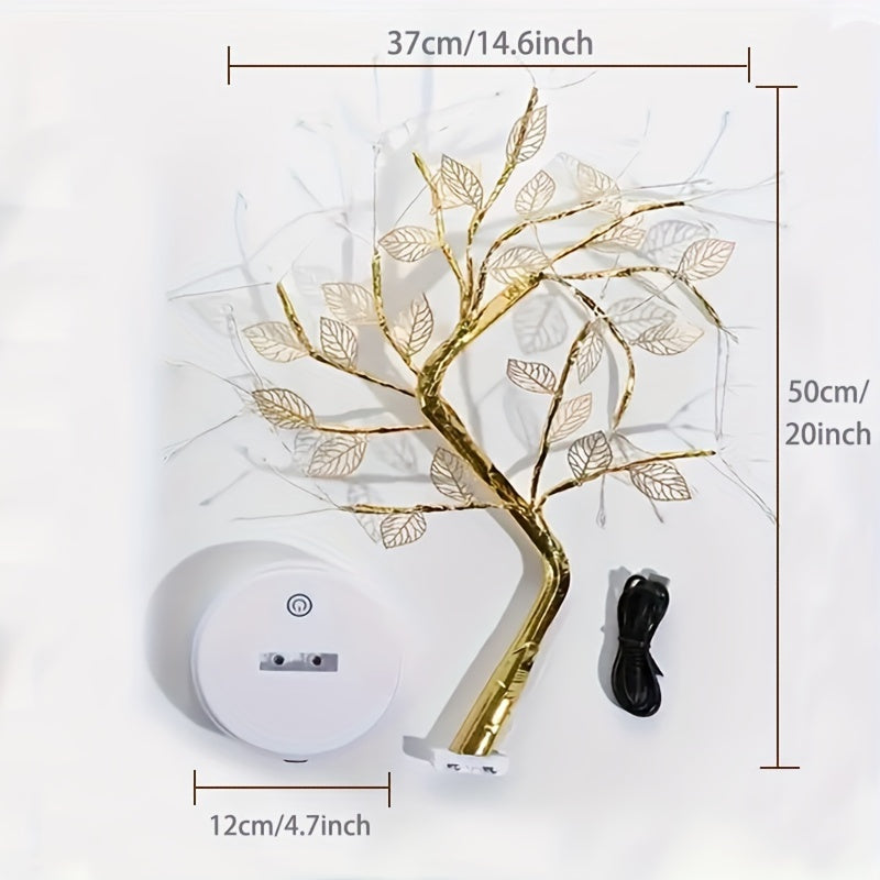 Stylish Golden Leaf LED Tree Light in Warm White - Battery or USB Powered, Ideal for DIY Room Decor & Festive Gifting (Christmas, Halloween, New Year, Valentine's)