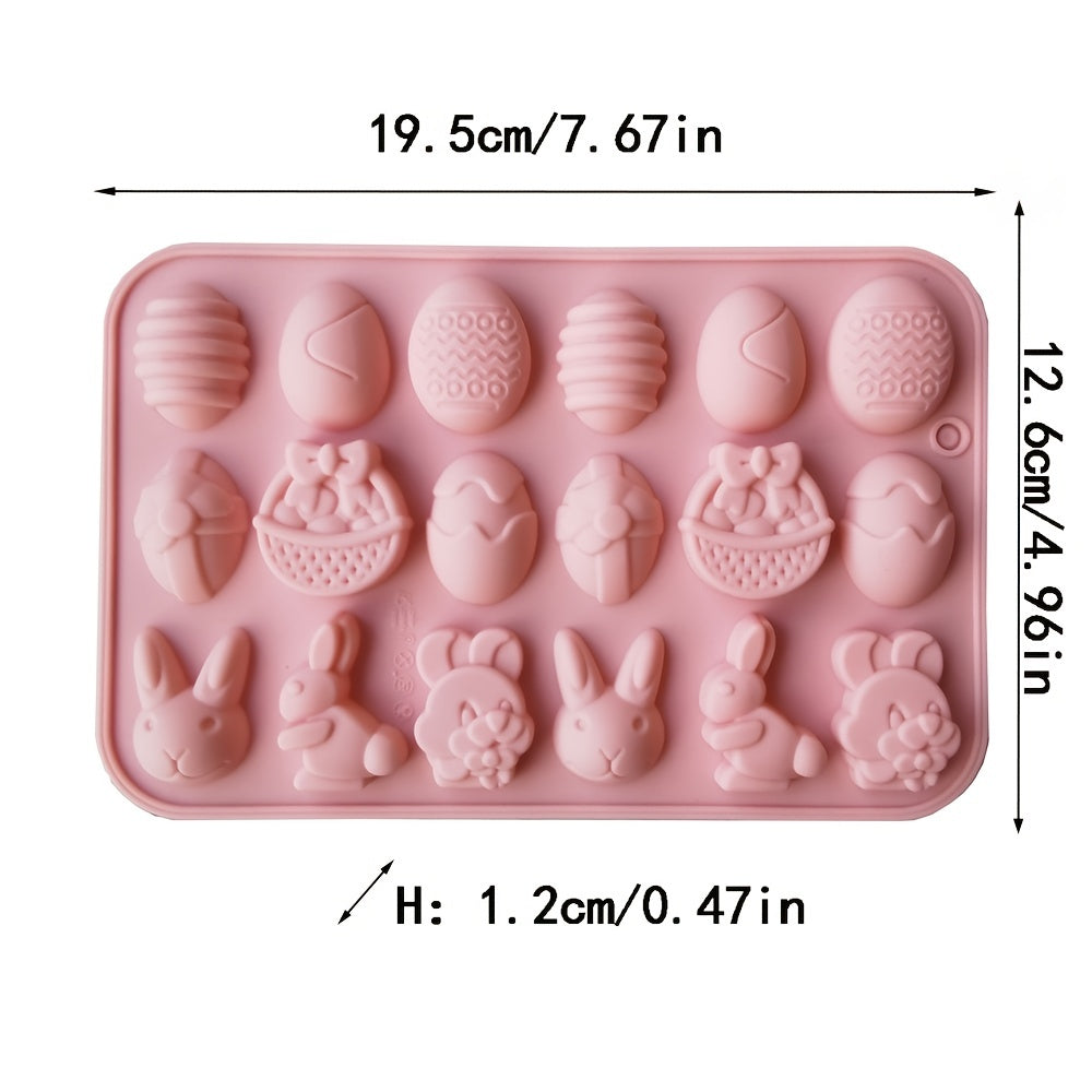 Silicone Easter egg and rabbit candy chocolate mold with 18 cavities, perfect for handmade homemade cakes. A kitchen accessory tool for creating festive treats.