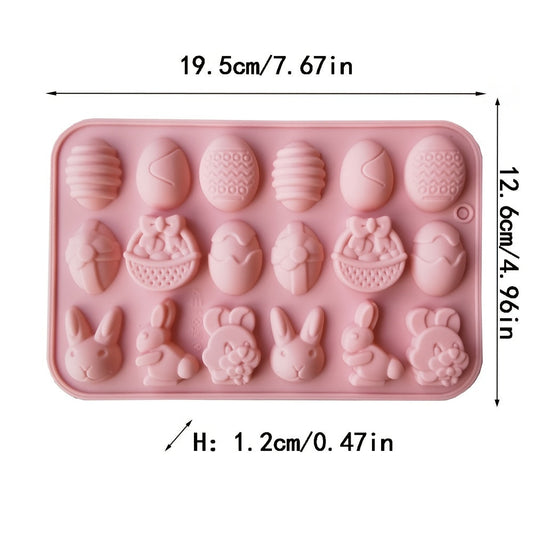 Silicone Easter egg and rabbit candy chocolate mold with 18 cavities, perfect for handmade homemade cakes. A kitchen accessory tool for creating festive treats.