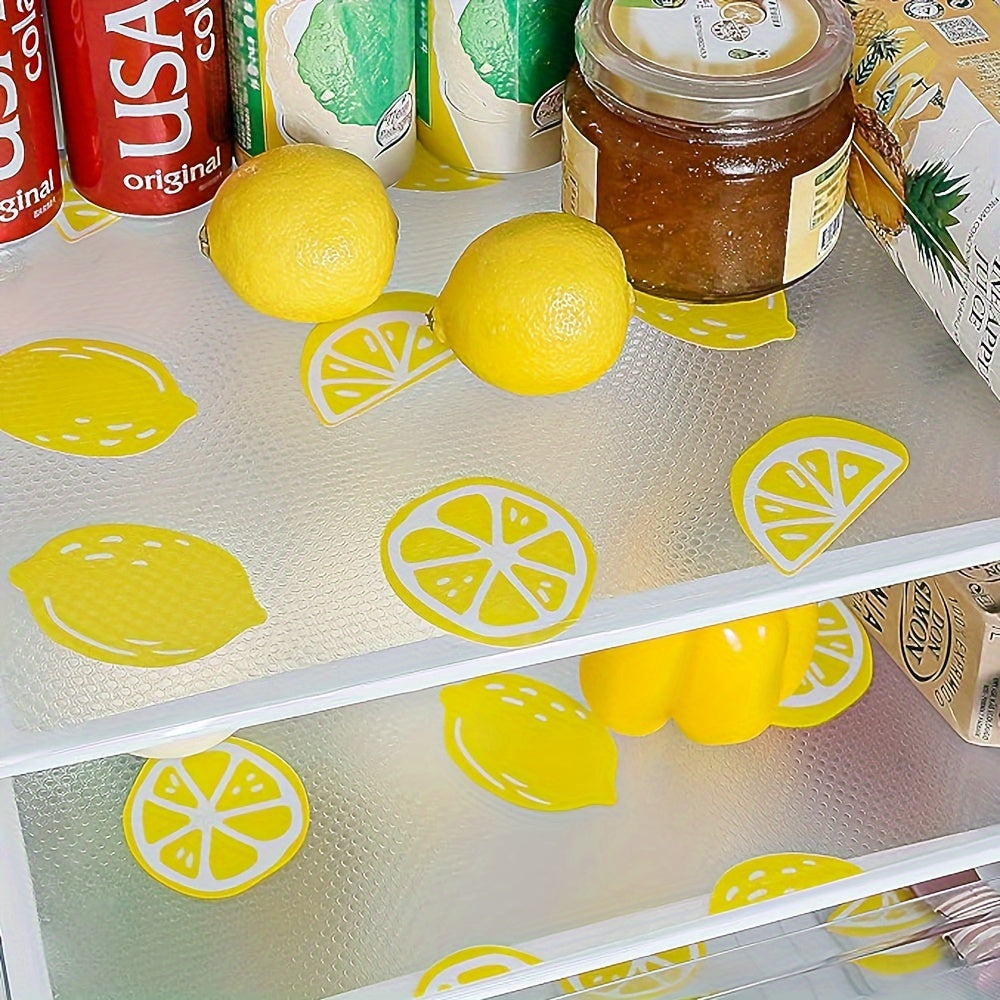 Water-resistant shelf liner in lemon pattern, suitable for kitchen cabinets, refrigerator, wire shelving, and more. Non-adhesive, non-slip design for easy use. Washable and reusable. Size: 29.97cm X 149.86cm. Ideal for multi-purpose use.