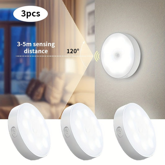 A set of 3 magnetic induction night lights with 8 LEDS, 3 modes, and a charging cable, perfect for reading in corridors, bedside, wardrobes, and stairs.