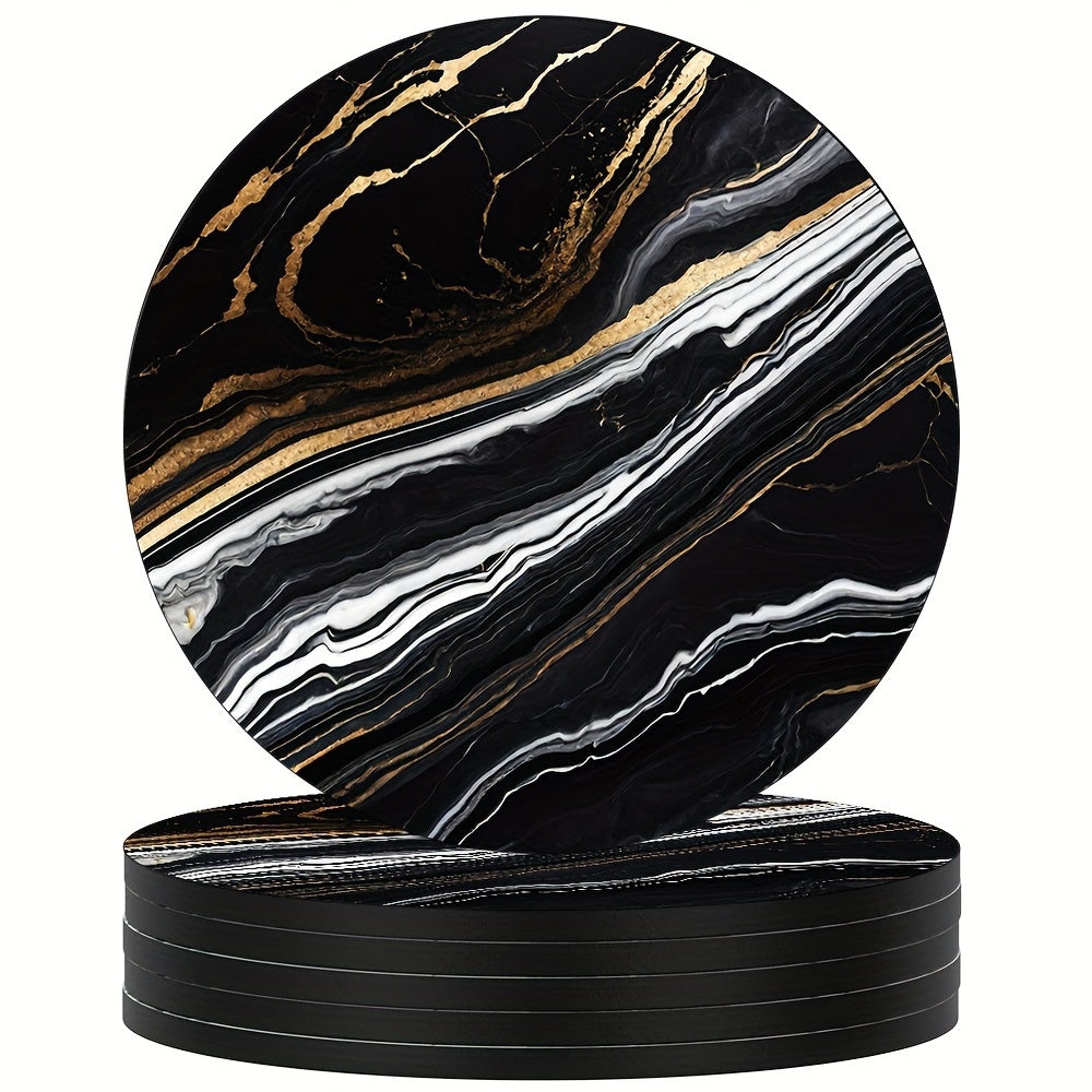 6 golden marbled coasters with absorbent rubber and non-slip backing, perfect for home decor or as a housewarming gift, each 10.16 cm in diameter.