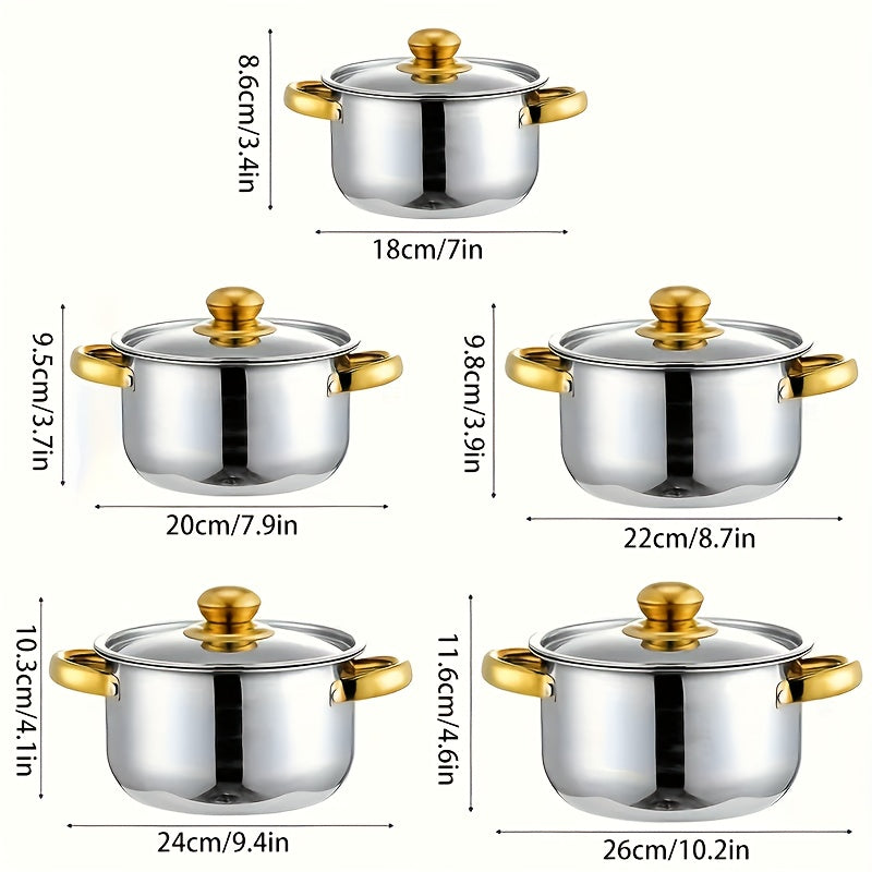 This set includes 10 high-quality stainless steel cookware pieces, featuring durable kitchen pots with double handles and matching lids. These versatile pots are ideal for cooking a variety of dishes such as soup, stew, pasta, and seafood, making them