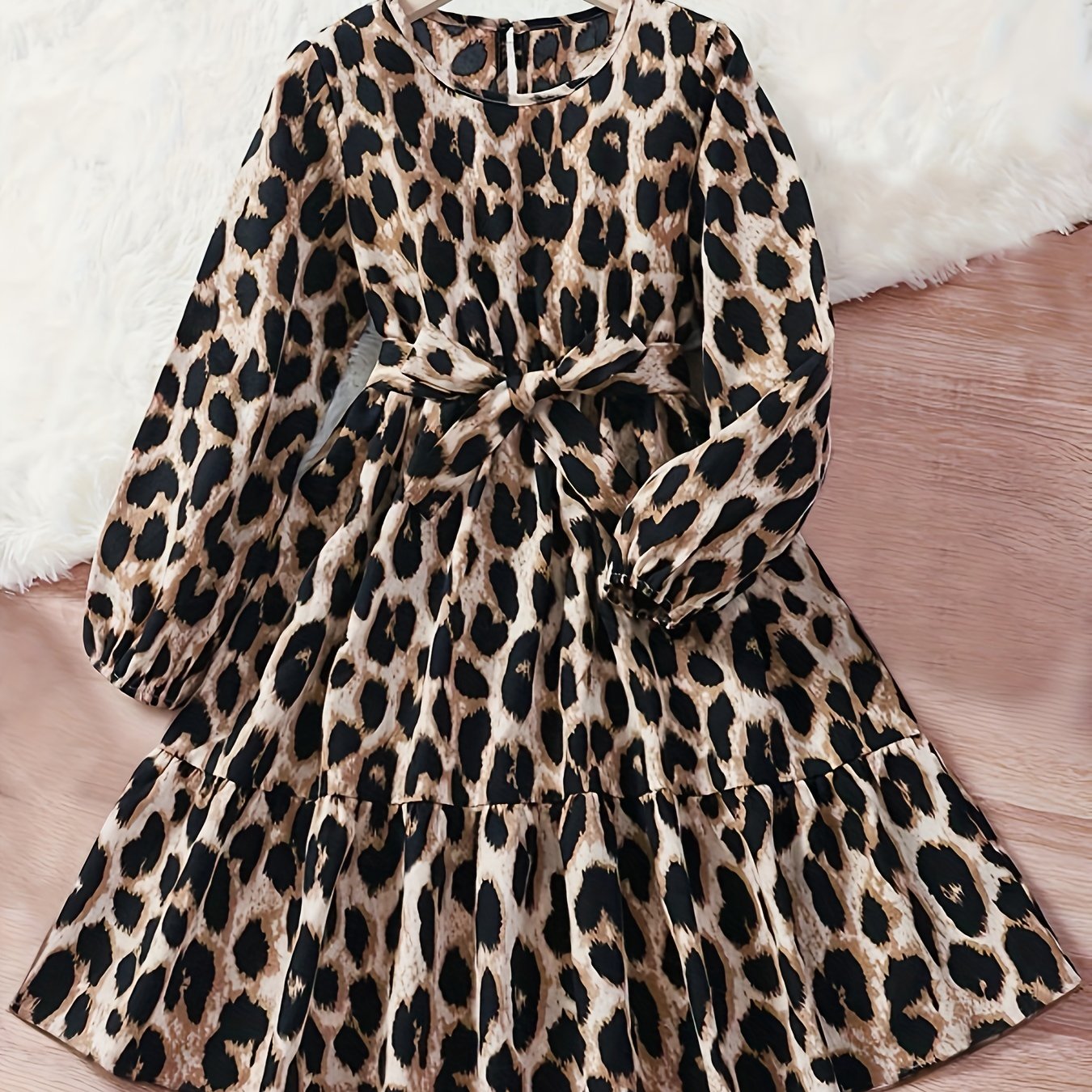 Girls Leopard Print Dress with Bow Belt, Ideal for Gift or Party