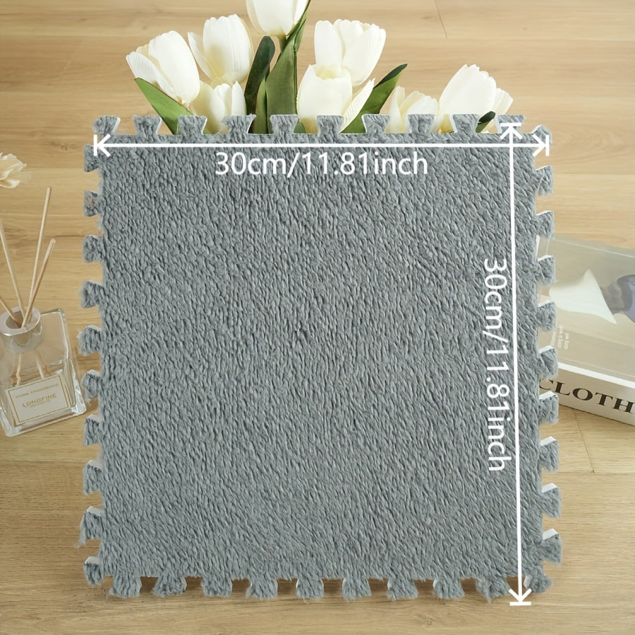 Elegant Light Gray Interlocking Plush Foam Mat - Luxuriously Soft, Low-Pile, Easy to Clean, Resistant to Moisture & Fading, Square Polyester Mat for Bedroom, Living Room - Cozy & Long-Lasting Home Decor Piece, Rugs for Bedroom