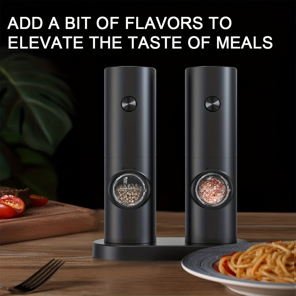 The Electric Pepper and Salt Grinder is made with food grade materials and features automatic grinding. The gear allows for easy control of the grain thickness. This set includes a battery powered stainless steel salt and pepper mill that is lightweight