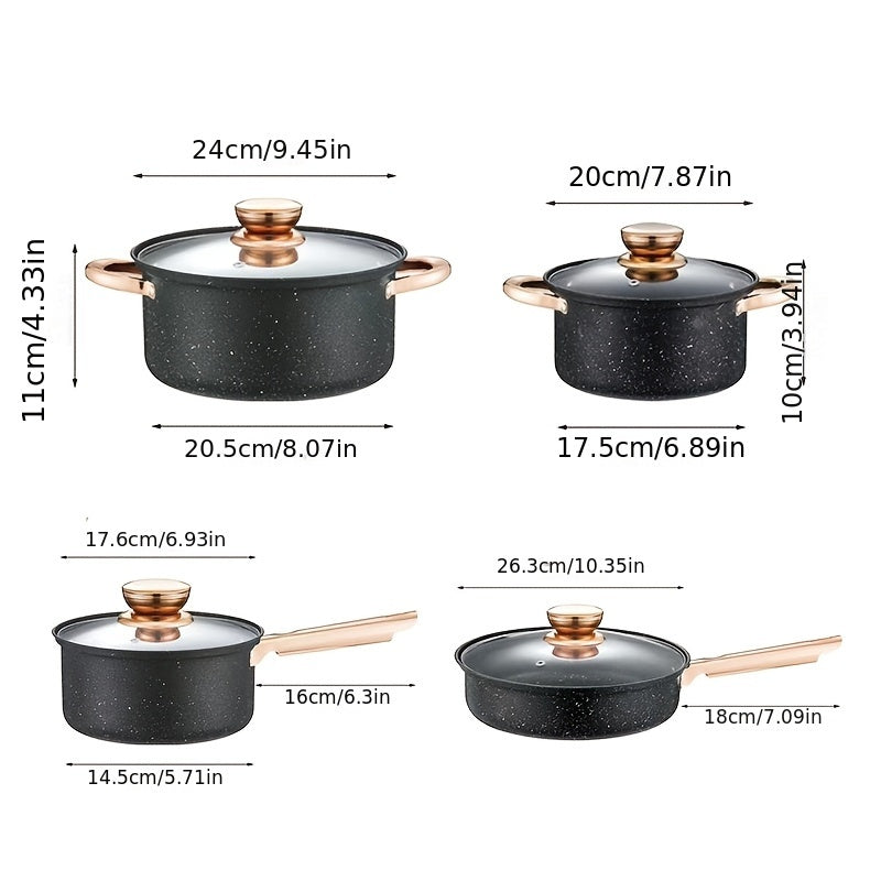 Set of 8 Aluminum Medical Stone Cookware Pieces, 18-26cm, Non-Stick Stainless Steel Pots and Pans, Long-lasting Kitchen Must-Haves