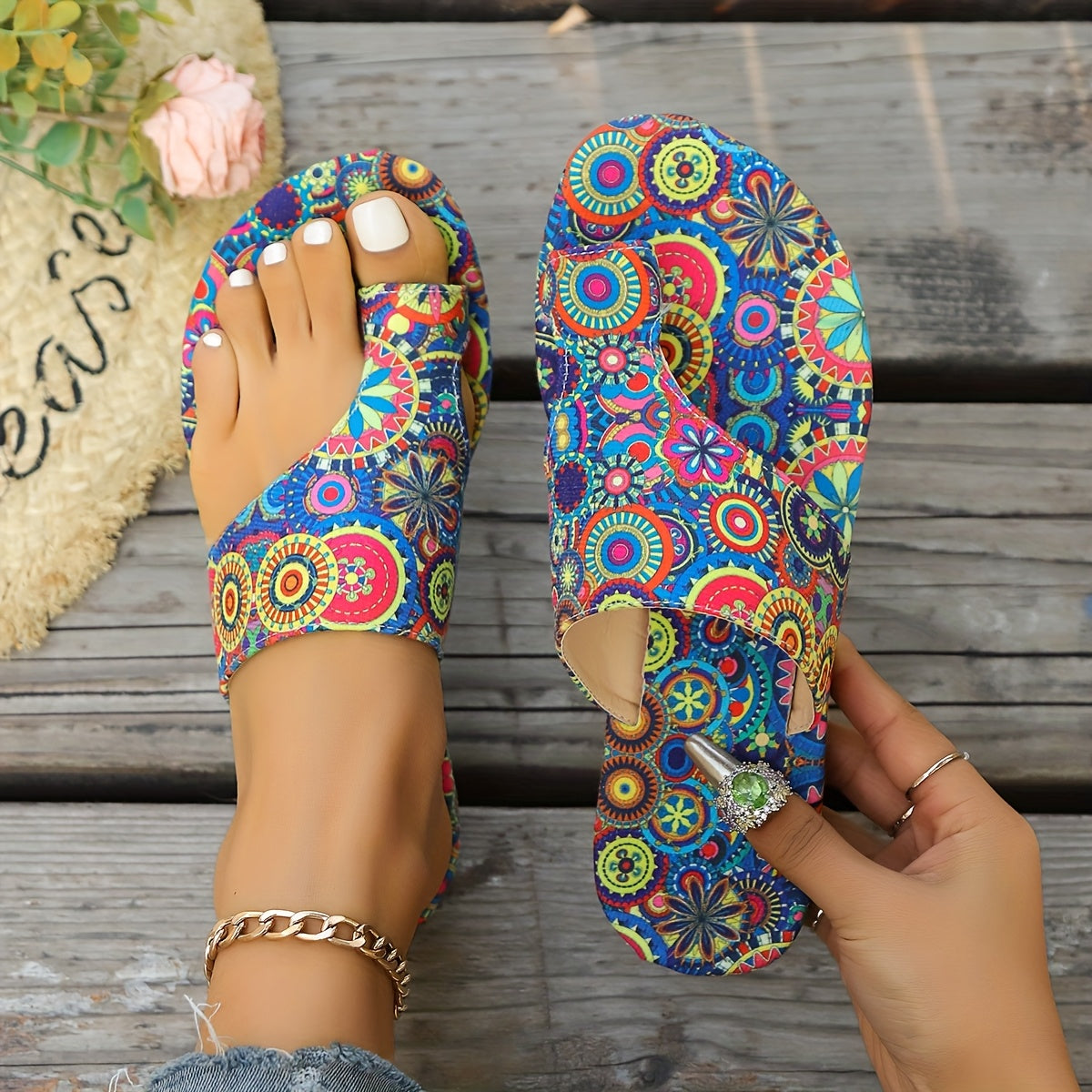 Sporty and stylish slip-on sandals with a floral design for women.