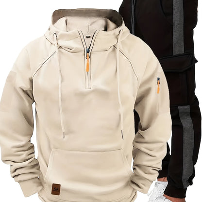 Men's Fall/Winter Casual Sportswear Set: Hooded Zip-Up Jacket & Drawstring Joggers, Polyester, Regular Fit for Outdoor Activities.