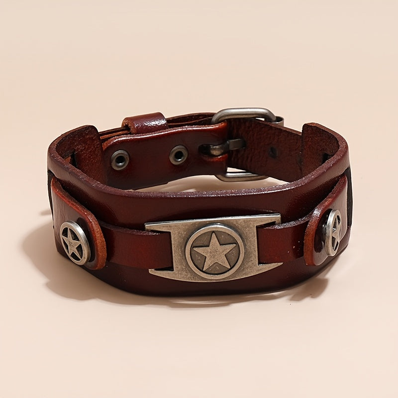 [Trending Pick] Men's Punk Rock Style Bracelet, Made of Genuine Leather with Zinc Alloy Star Pendant, Non-Magnetic Fashion Statement Piece