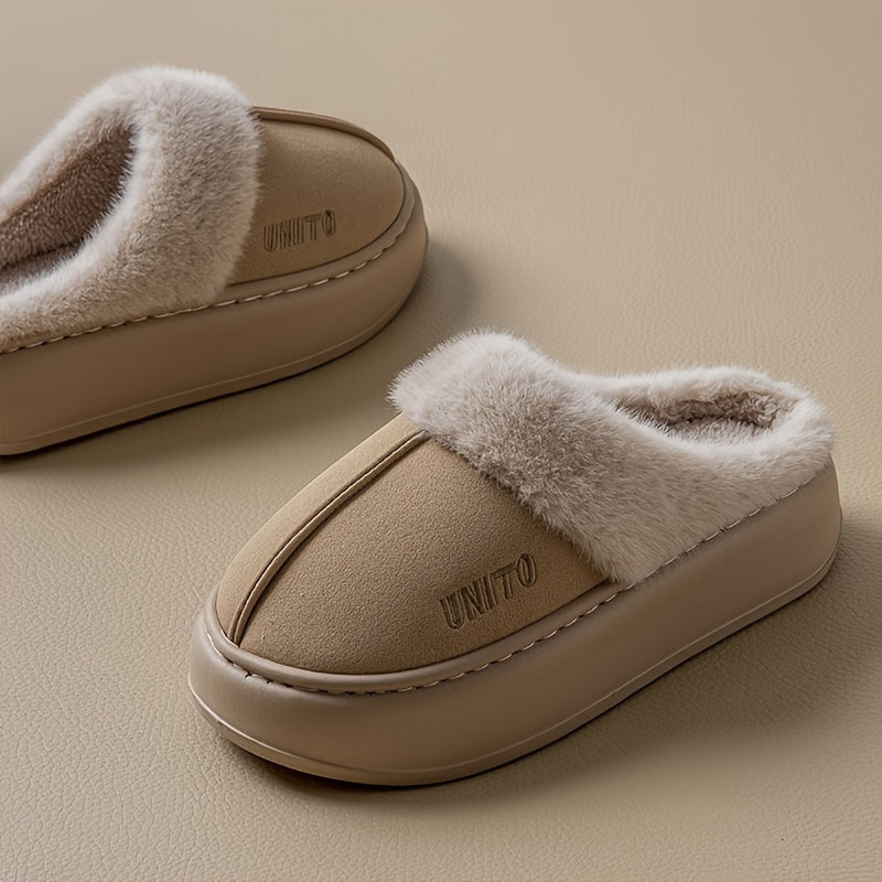 Cozy winter plush slippers for men and women with soft fabric lining, non-slip sole, machine washable. Available in beige and gray with white fur trim. Perfect for indoor comfort.