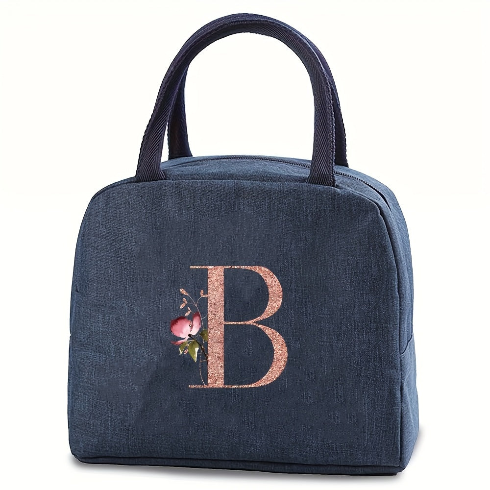 Insulated lunch bag with monogram, featuring a rose gold design. Made of waterproof, leakproof, BPA-free polyester material. Includes a square thermal food storage compartment with an ice compartment. Easily washable by hand. Perfect for school, office