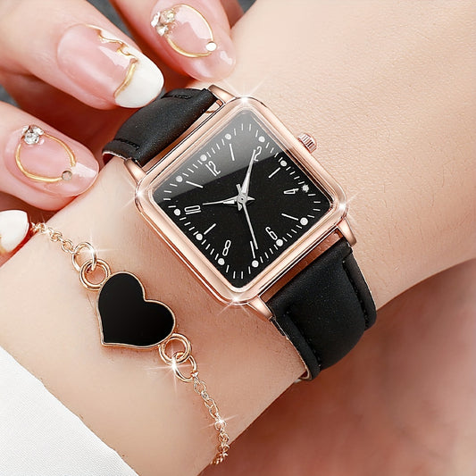 Black and white pink square ladies quartz watch set with 6 pieces, watch box not included.