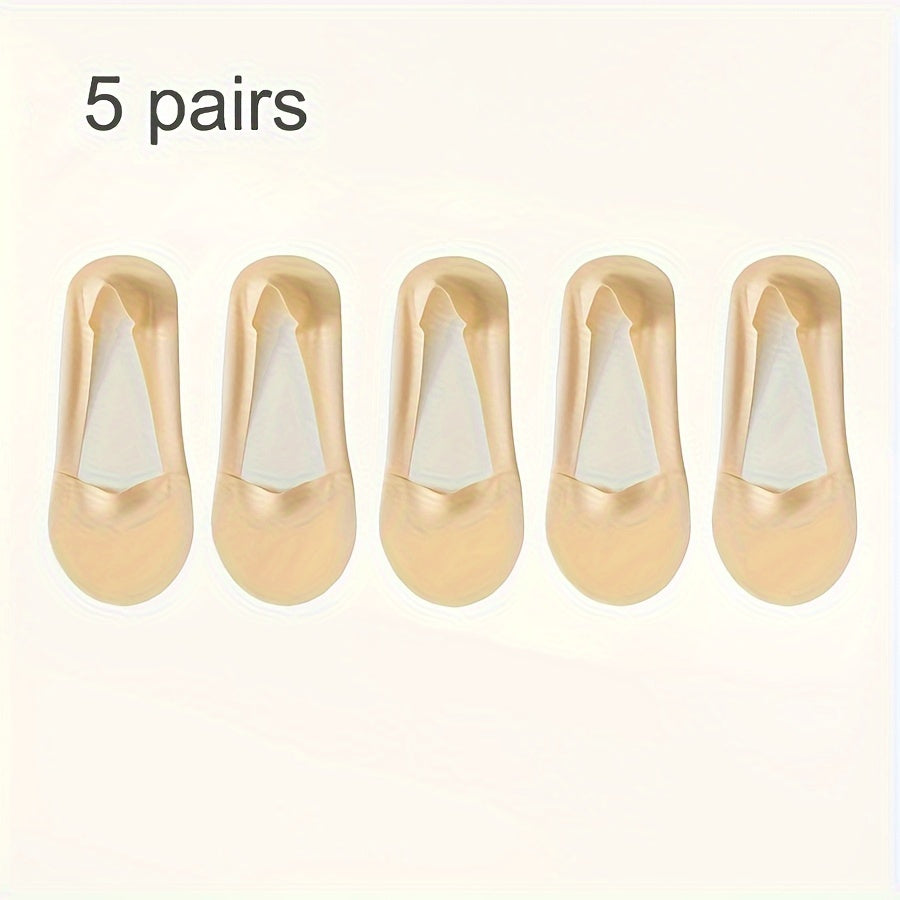 5 pairs of solid ice silk socks for women, non-slip and breathable low cut invisible socks.