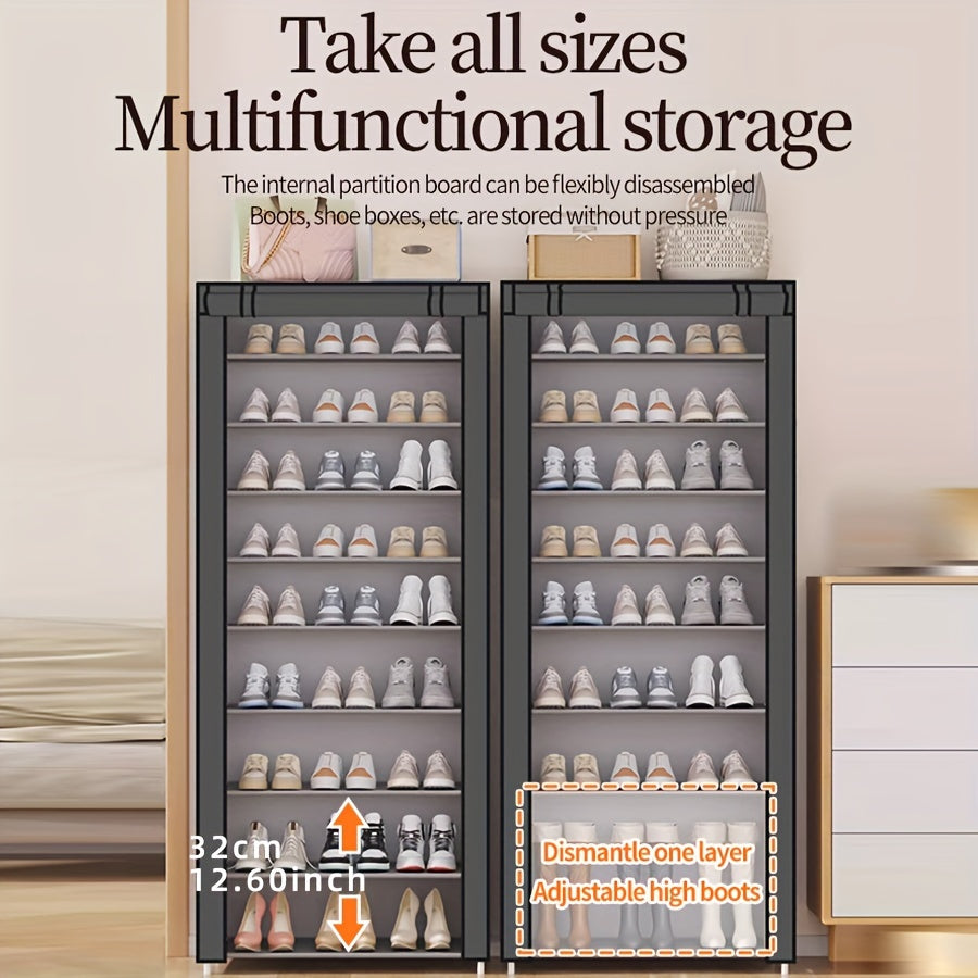 A single piece, 10-tier, durable and spacious shoe rack perfect for the bedroom doorway. This vertical storage solution can hold 18-22 pairs of shoes and comes with an independent cabinet featuring a dust cover for added protection.