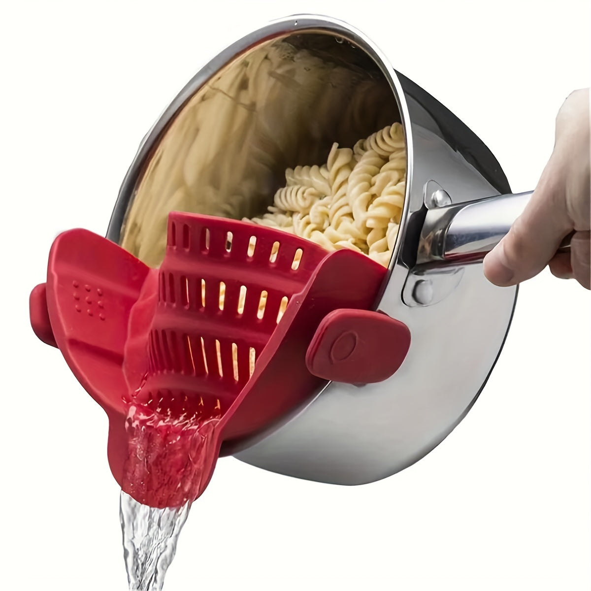 Adjustable clip-on strainer for pots and pans, made of plastic. Perfect for straining pasta, meat, vegetables, and fruit. An essential kitchen colander accessory.