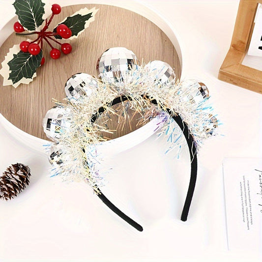 Headwear for Christmas and New Year Festival. Disco ball shaped hoop with glitter for a creative party look.