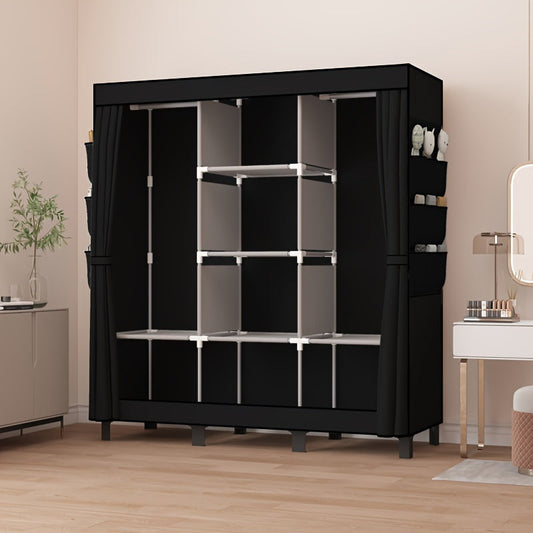 Introducing the OUMYJIA 1m3 Black Simple Fabric Wardrobe with Side Pockets! This versatile home storage organizer is a must-have for any living space. From hanging clothes to storing shoes, this multi-functional clothing rack is perfect for rent houses