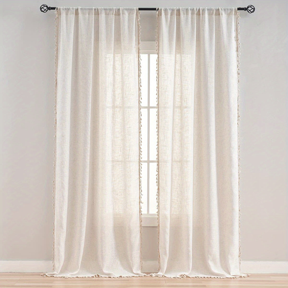 Beige lace linen sheer curtain with tassels, perfect for adding a touch of elegance to your bedroom, office, kitchen, living room, study, or home decor. Features a rod pocket for easy hanging.