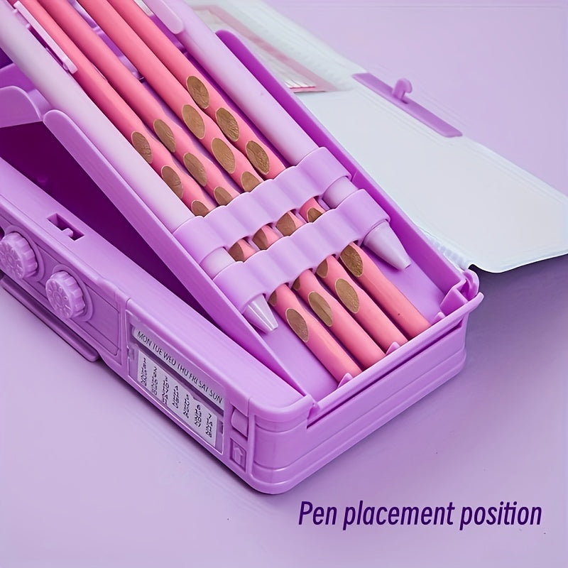 Purple pencil case with password lock, colorful compartments, and secure closure; ideal for girls on the go.