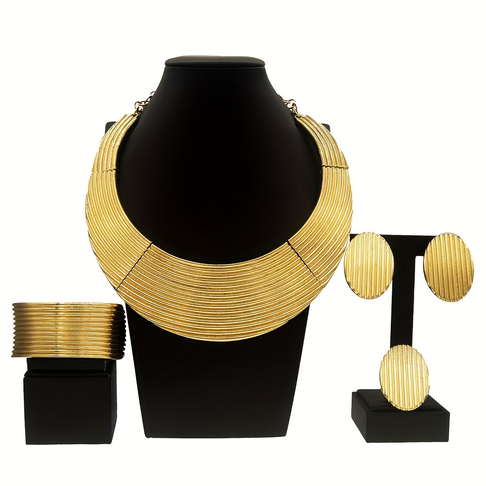 Gold plated women's jewelry set featuring a large round necklace. This elegant and minimalist piece is the perfect holiday gift for any woman who loves accessories.