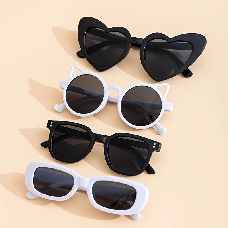 Set of 4 trendy heart and bear ear shaped glasses for teens in white and black. Great for outdoor activities and parties, with durable PC frames. Perfect for gifting on holidays and