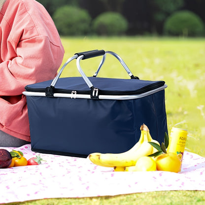 Foldable insulated picnic bag with handle for outdoor travel, in black nylon.