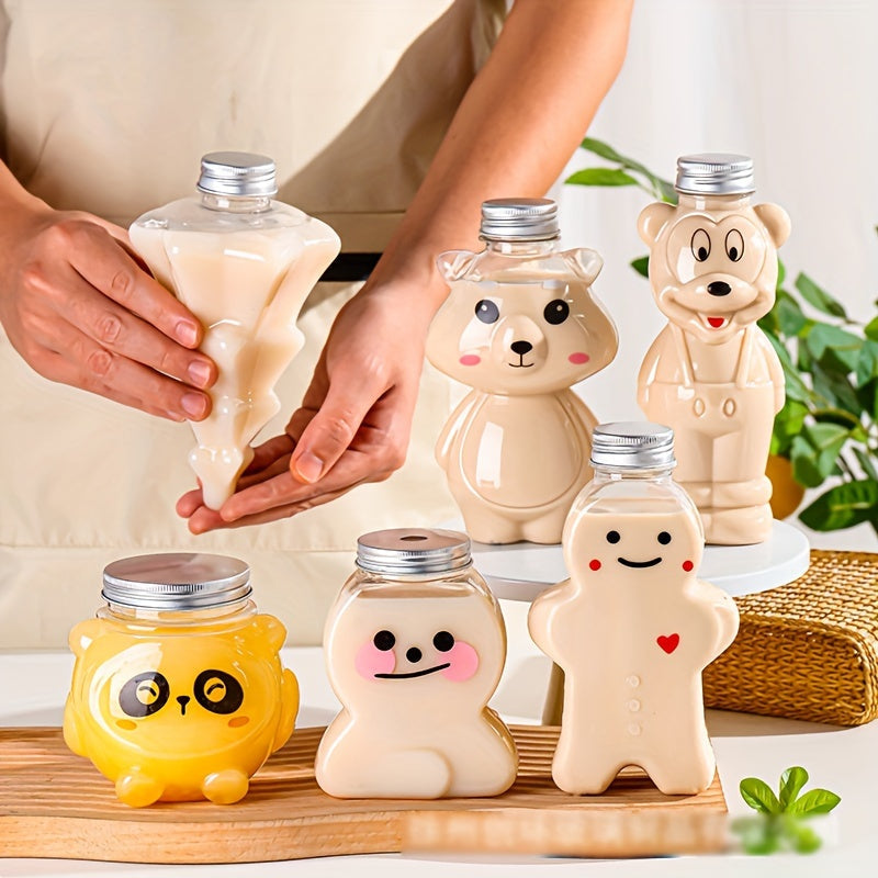 1 piece or 4 pieces of 500ml Milk Tea Juice Bottles Beverage PET Water Bottle featuring Bear and Tiger designs. These disposable takeaway coffee bottles come with lids.