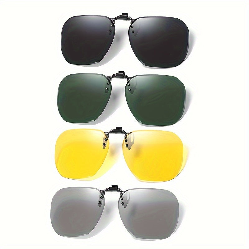 Top Pick: Set of 4 Stylish Polarized Clip-On Fashion Glasses - Convenient Flip-Up Design, Anti-Glare for Safe Driving - Ideal for Both Men and Women