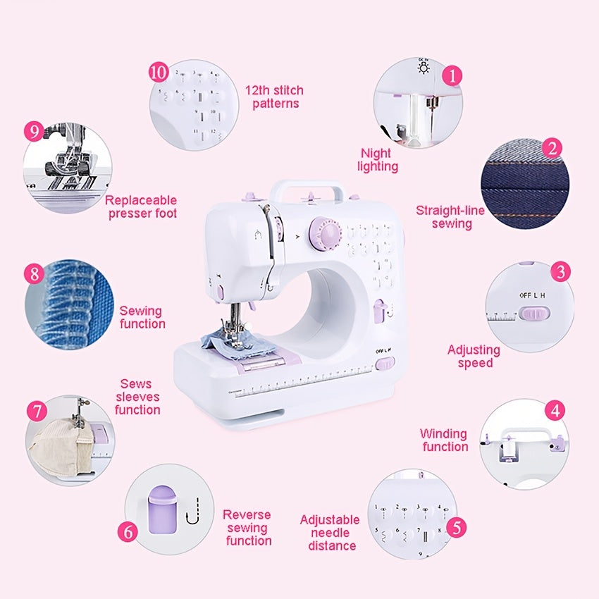 505A Portable Electric Sewing Machine - 12 Stitches, Adjustable Speed, Reverse Function, Ideal for Beginners & Home Use, Purple