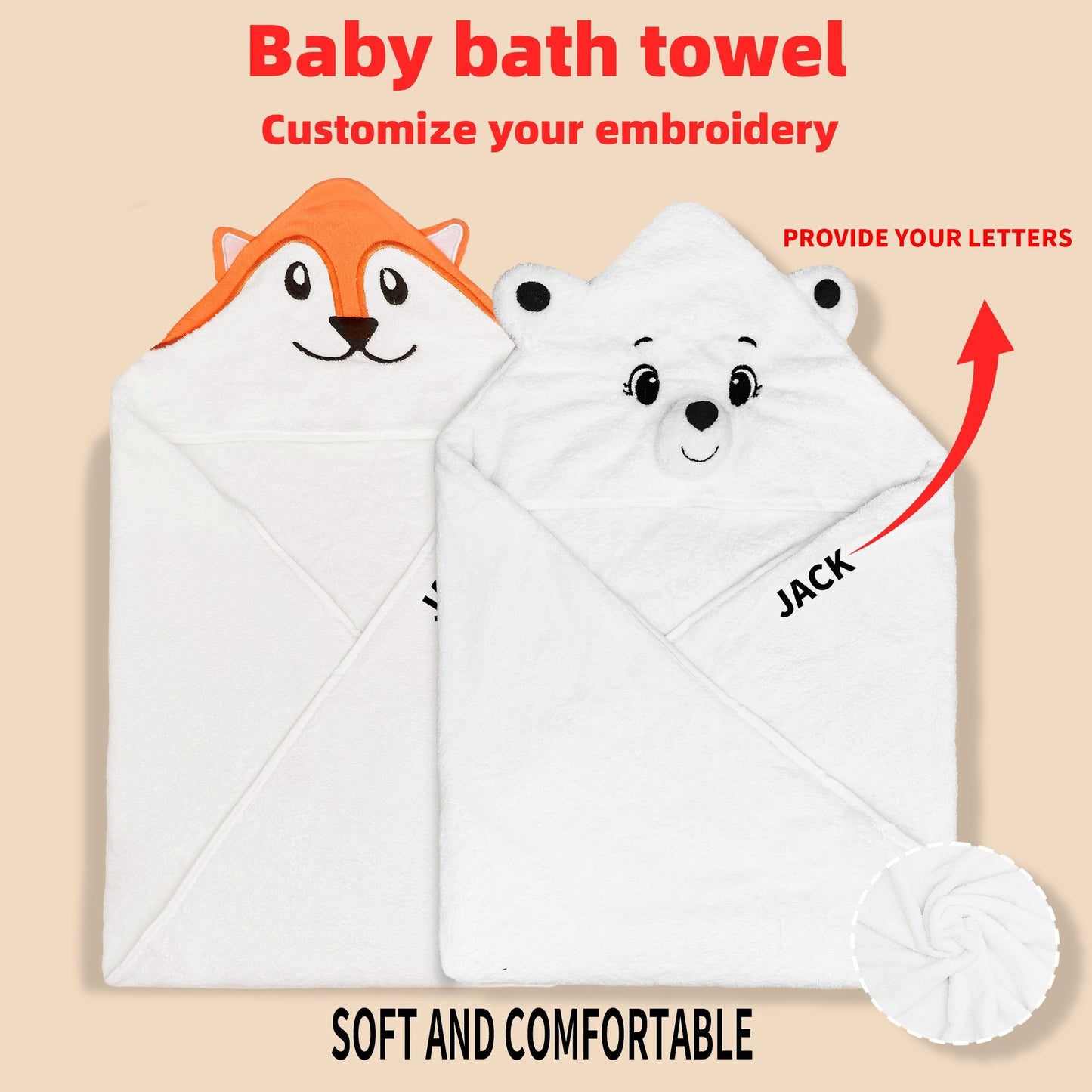 Customize your kids' bath time with these 2 adorable cartoon animal towels. Made from soft and absorbent polyester knit fabric, these towels can be personalized with your child's name. Perfect for Christmas and Halloween gifts, these towels come in a