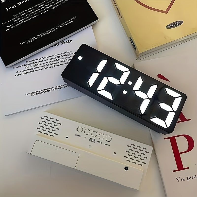 Smart LED desk alarm clock with voice control, silent alarm, snooze function, and wake up alarm.